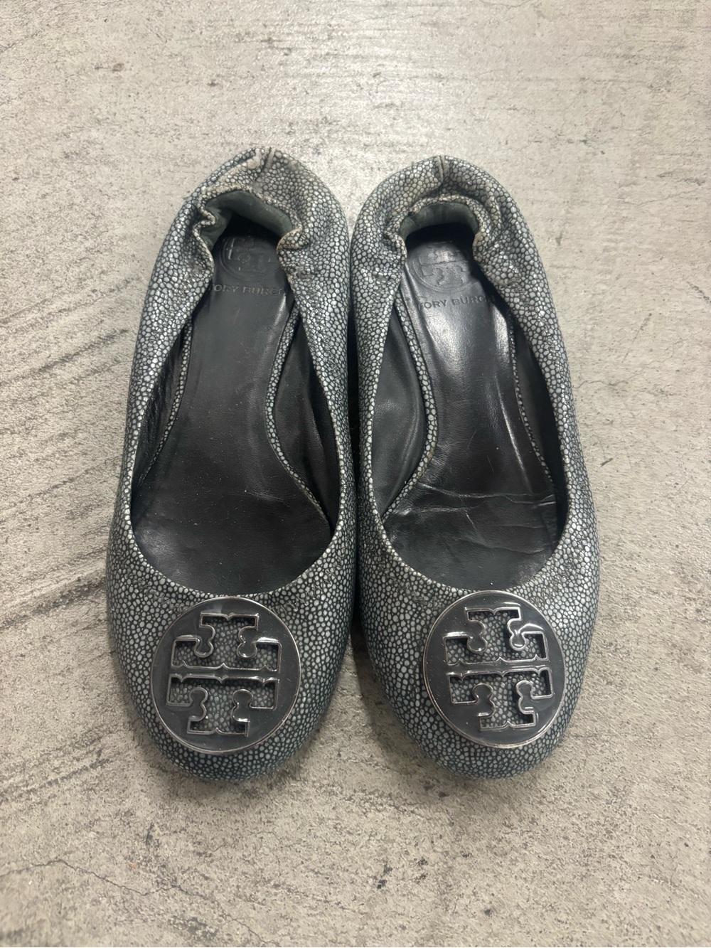 Tory Burch Metallic Silver Logo Round-Toe Ballet Flats